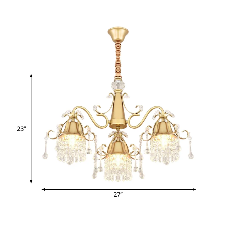 Gouden 3-kops slingerverlichtingspost moderne kristallen druppelcilinder hangende kroonluchter voor slaapkamer Clearhalo