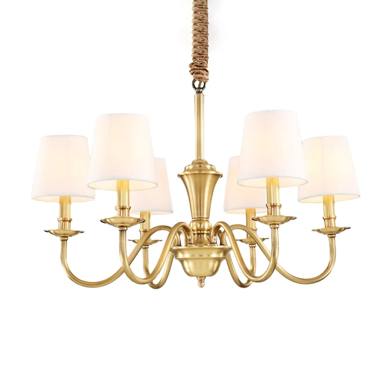 Gouden 6/8-lichts hangende kroonluchter koloniale stijl stoffen conische ophanging hanglamp Clearhalo