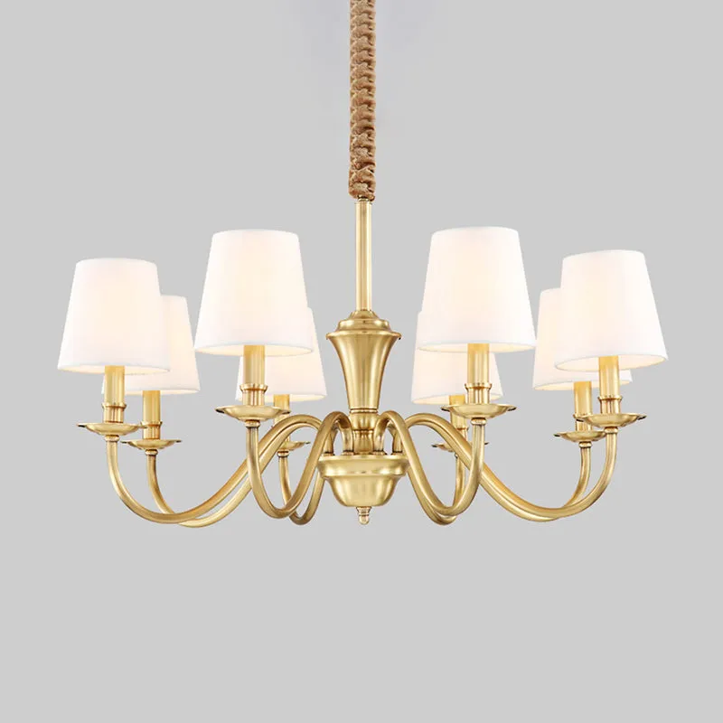 Gouden 6/8-lichts hangende kroonluchter koloniale stijl stoffen conische ophanging hanglamp Clearhalo