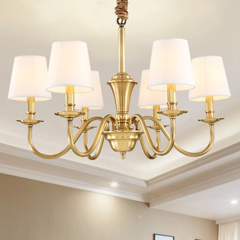Gouden 6/8-lichts hangende kroonluchter koloniale stijl stoffen conische ophanging hanglamp Clearhalo