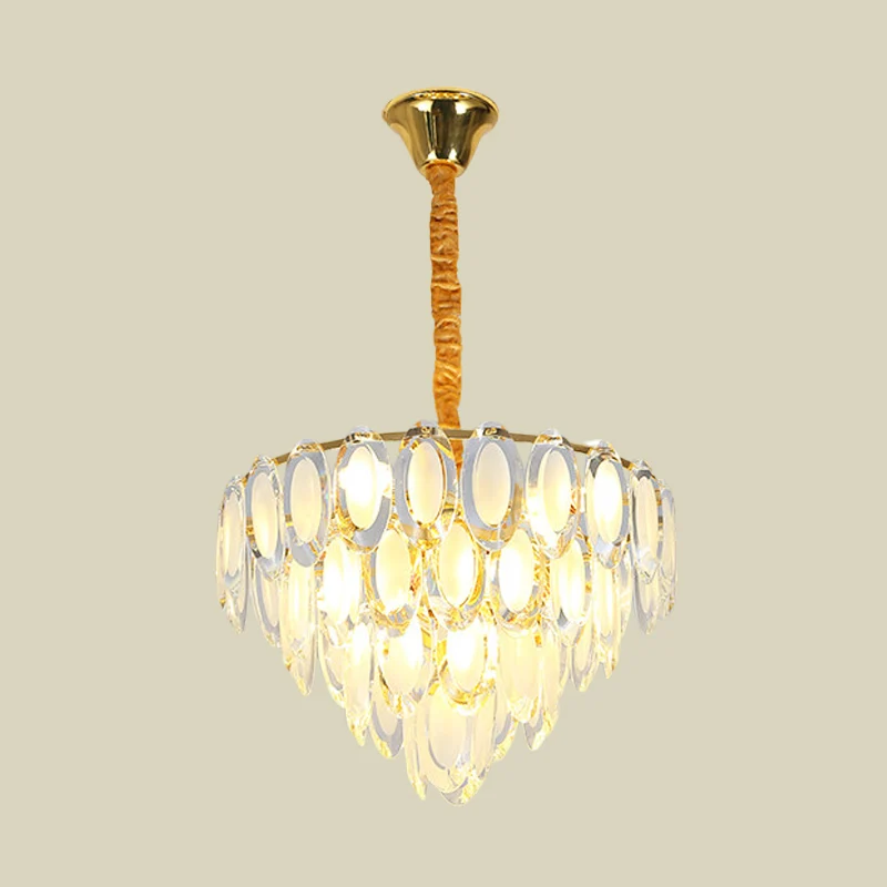 Gouden 9-kops plafondkroonluchter moderne ovale kristallen meerlaagse ophanging hanglamp voor woonkamer Clearhalo
