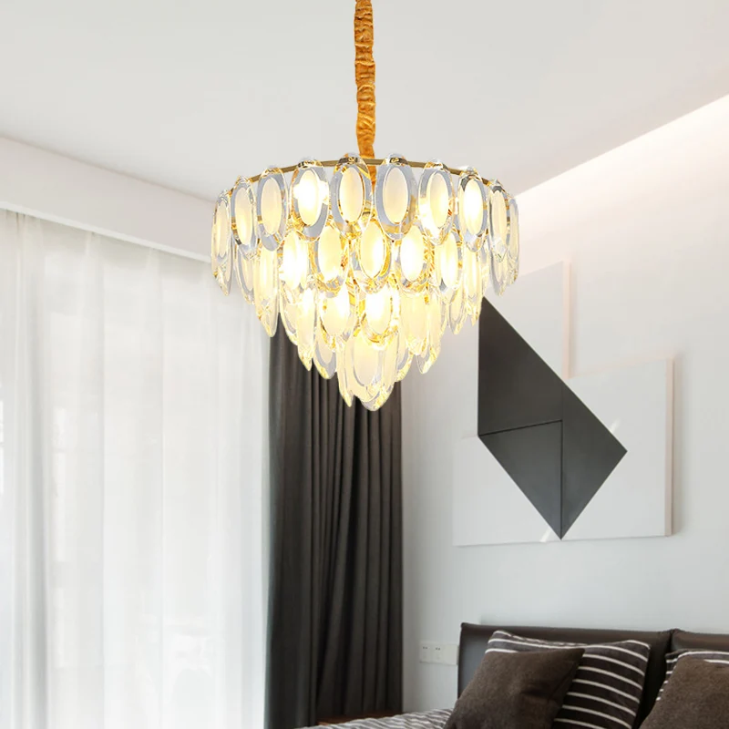 Gouden 9-kops plafondkroonluchter moderne ovale kristallen meerlaagse ophanging hanglamp voor woonkamer Clearhalo