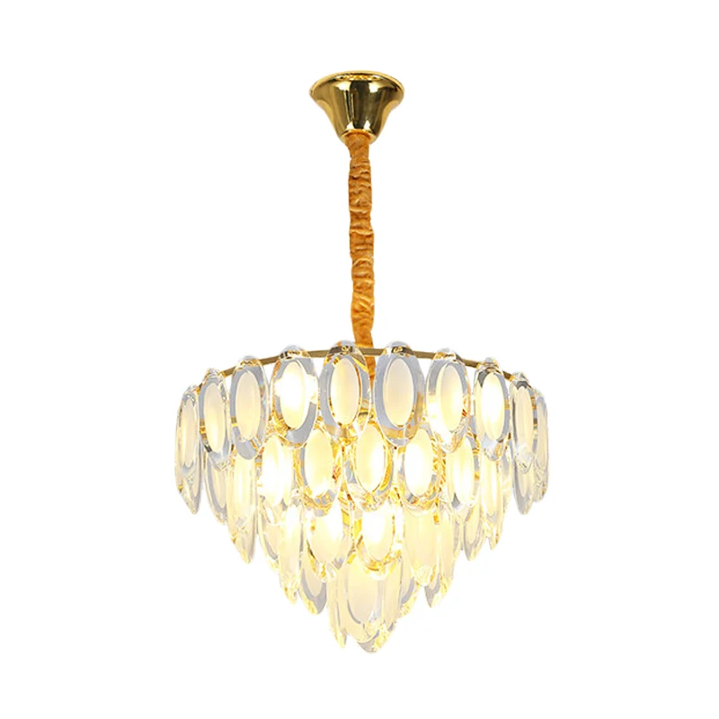 Gouden 9-kops plafondkroonluchter moderne ovale kristallen meerlaagse ophanging hanglamp voor woonkamer Clearhalo