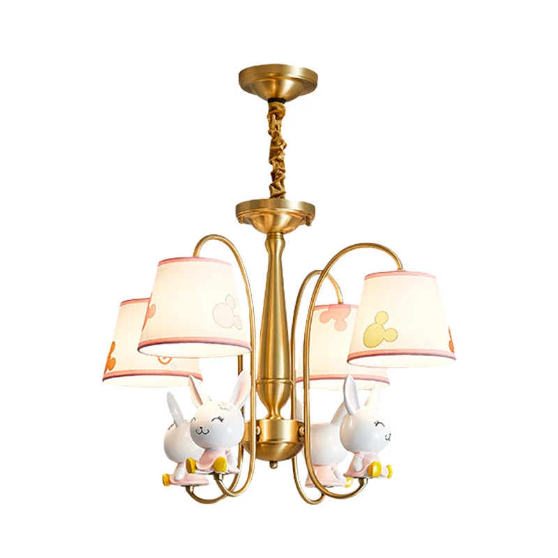 Gouden afwerking Barrel Shade Kroonluchter Cartoon 4 lampen Stoffen hangende plafondlamp met konijn-deco Clearhalo