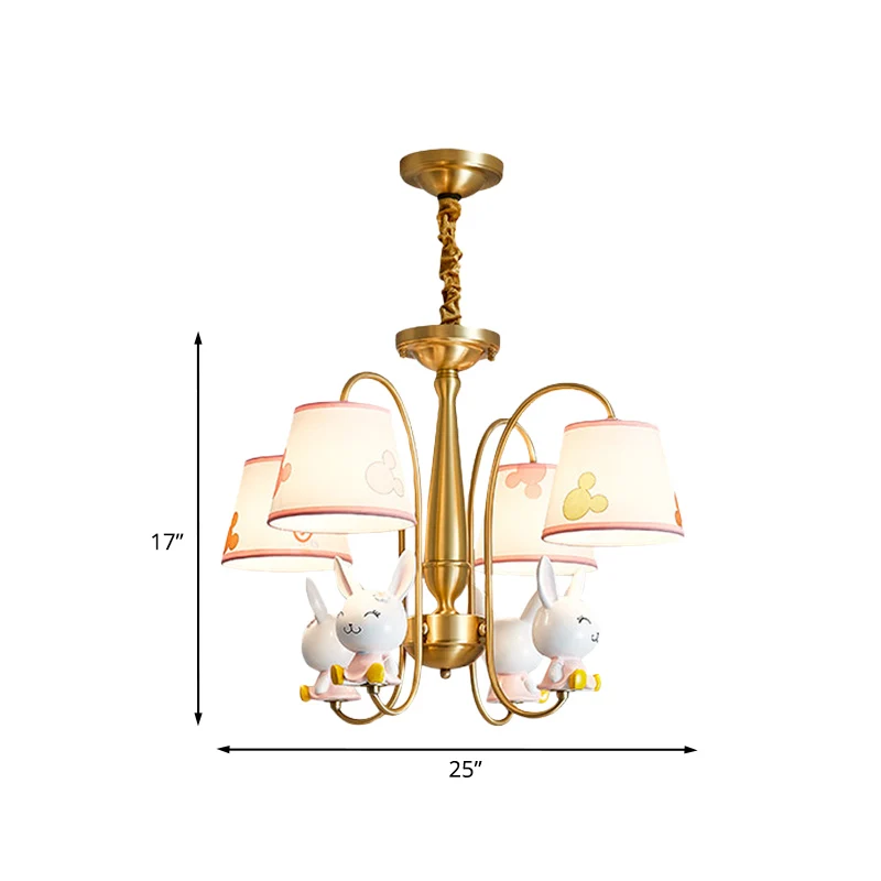Gouden afwerking Barrel Shade Kroonluchter Cartoon 4 lampen Stoffen hangende plafondlamp met konijn-deco Clearhalo