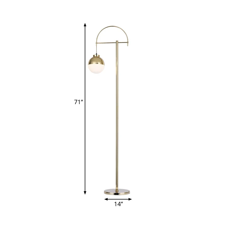 Gouden afwerking gebogen staande vloerlamp postmoderne 1-lichts metalen vloerleeslamp met bolvormige kap Clearhalo