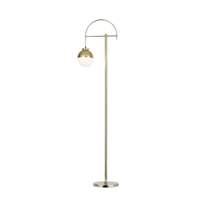 Gouden afwerking gebogen staande vloerlamp postmoderne 1-lichts metalen vloerleeslamp met bolvormige kap Clearhalo