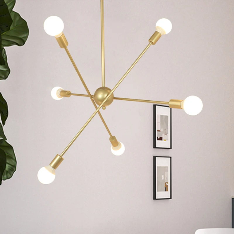 Gouden afwerking 6/8 lampen hanglamp industriële stijl ijzeren spoetnik kroonluchterverlichting met kale lamp voor eetkame...