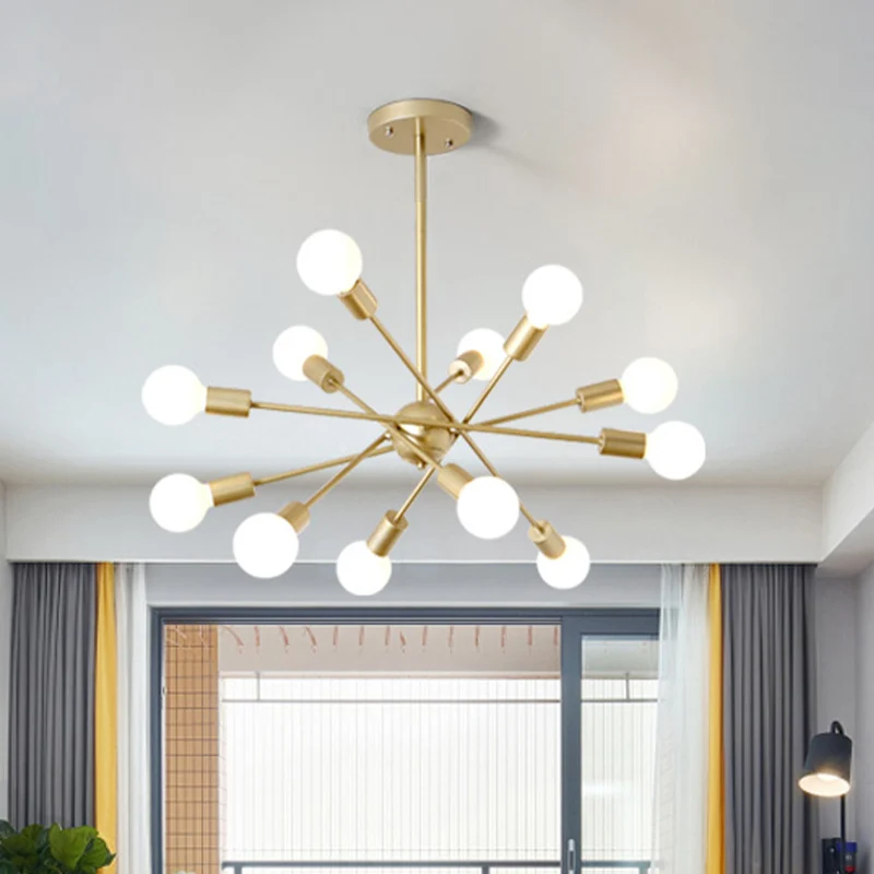 Gouden afwerking 6/8 lampen hanglamp industriële stijl ijzeren spoetnik kroonluchterverlichting met kale lamp voor eetkame...