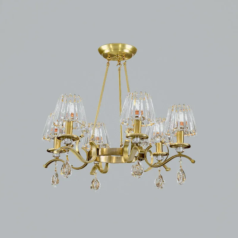 Gouden afwerking wielkroonluchter postmoderne metalen 6-koppige woonkamer hanglamp met kegelvormige kristallen kap Clearhalo