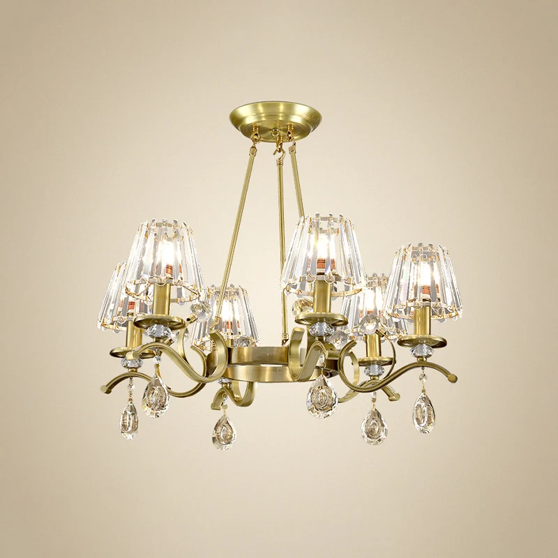 Gouden afwerking wielkroonluchter postmoderne metalen 6-koppige woonkamer hanglamp met kegelvormige kristallen kap Clearhalo