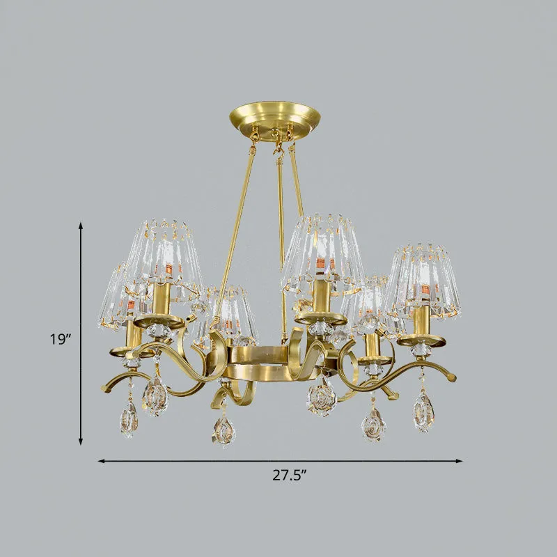Gouden afwerking wielkroonluchter postmoderne metalen 6-koppige woonkamer hanglamp met kegelvormige kristallen kap Clearhalo