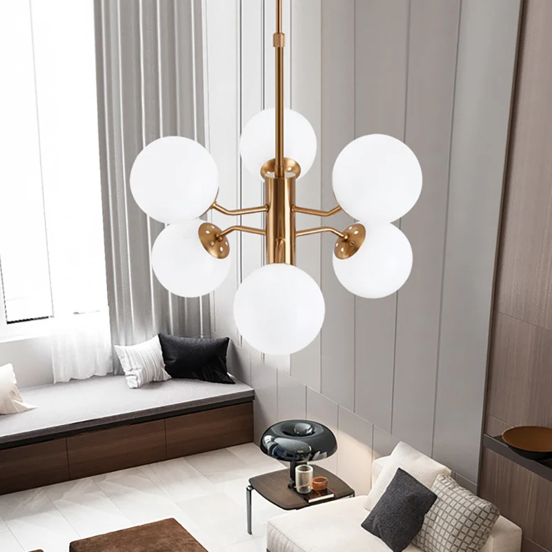 Gouden bal hangende kroonluchter modernistische multi-verlichting wit glas led-hanglamp met spoetnik-ontwerp Clearhalo