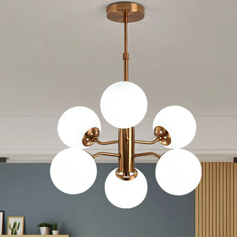 Gouden bal hangende kroonluchter modernistische multi-verlichting wit glas led-hanglamp met spoetnik-ontwerp Clearhalo