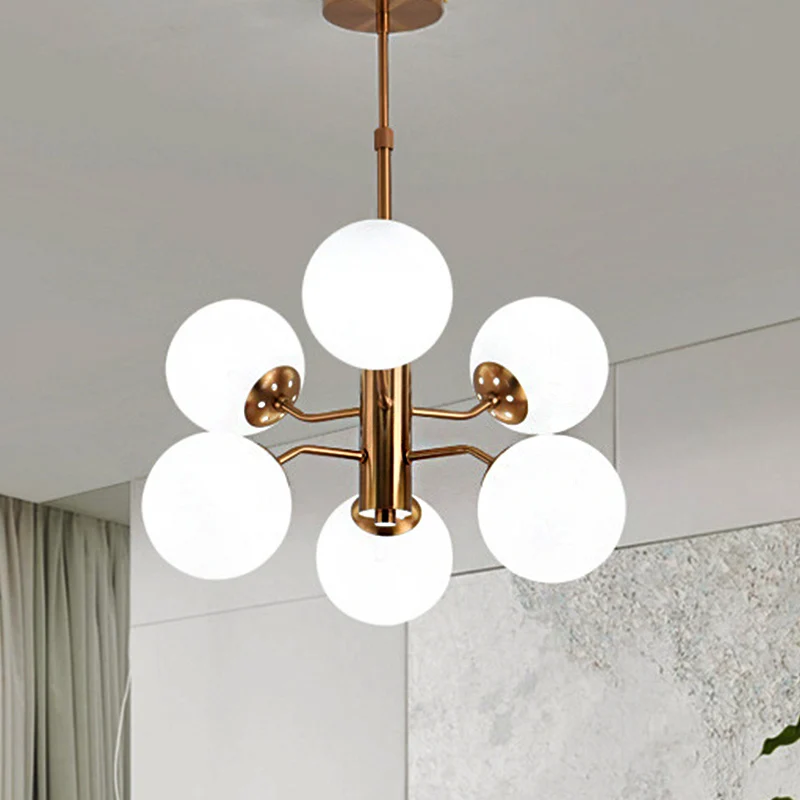 Gouden bal hangende kroonluchter modernistische multi-verlichting wit glas led-hanglamp met spoetnik-ontwerp Clearhalo