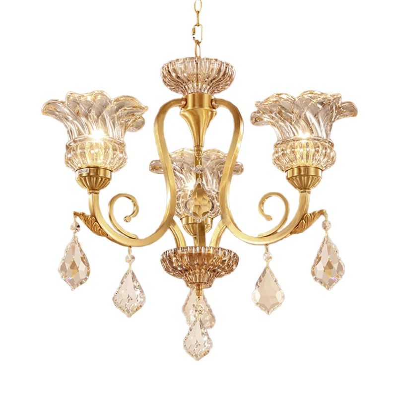 Gouden bloemenschaduw hangende kroonluchter Europese draperende kristallen bol 3-lichts woonkamer plafond hanglamp Clearhalo