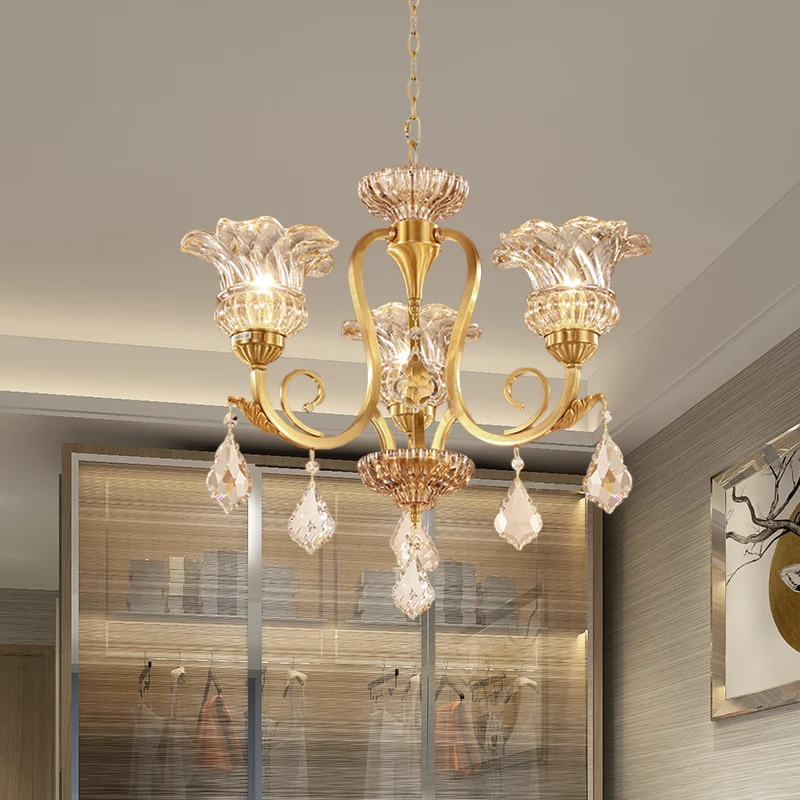 Gouden bloemenschaduw hangende kroonluchter Europese draperende kristallen bol 3-lichts woonkamer plafond hanglamp Clearhalo