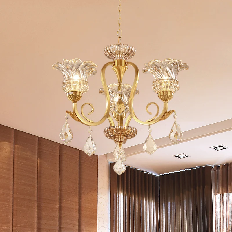 Gouden bloemenschaduw hangende kroonluchter Europese draperende kristallen bol 3-lichts woonkamer plafond hanglamp Clearhalo