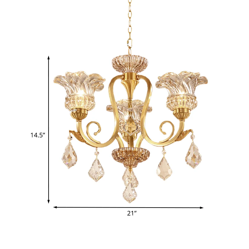 Gouden bloemenschaduw hangende kroonluchter Europese draperende kristallen bol 3-lichts woonkamer plafond hanglamp Clearhalo