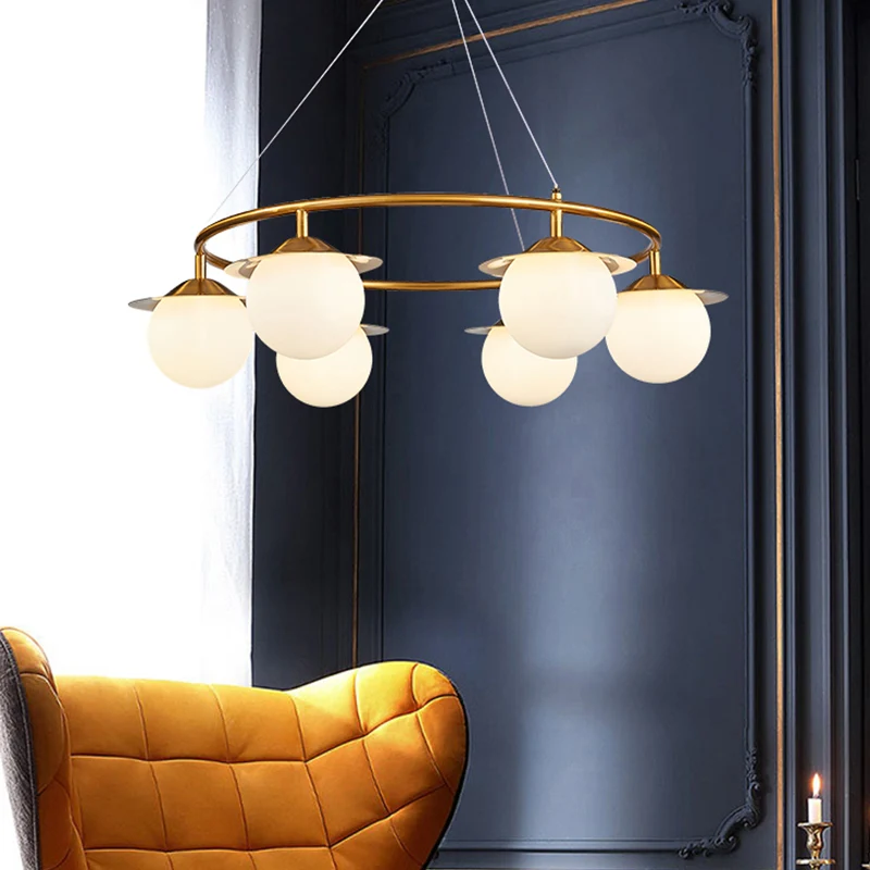 Gouden Bol Kroonluchter Verlichting Modernistische 6 Lampen Wit Glazen Plafond Hanglamp Clearhalo