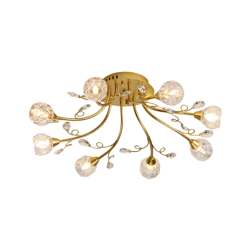 Gouden bolvormige plafondlamp eenvoudige stijl 8 lampen kristallen prisma's semi-gemonteerde verlichting met scrollarm Cle...