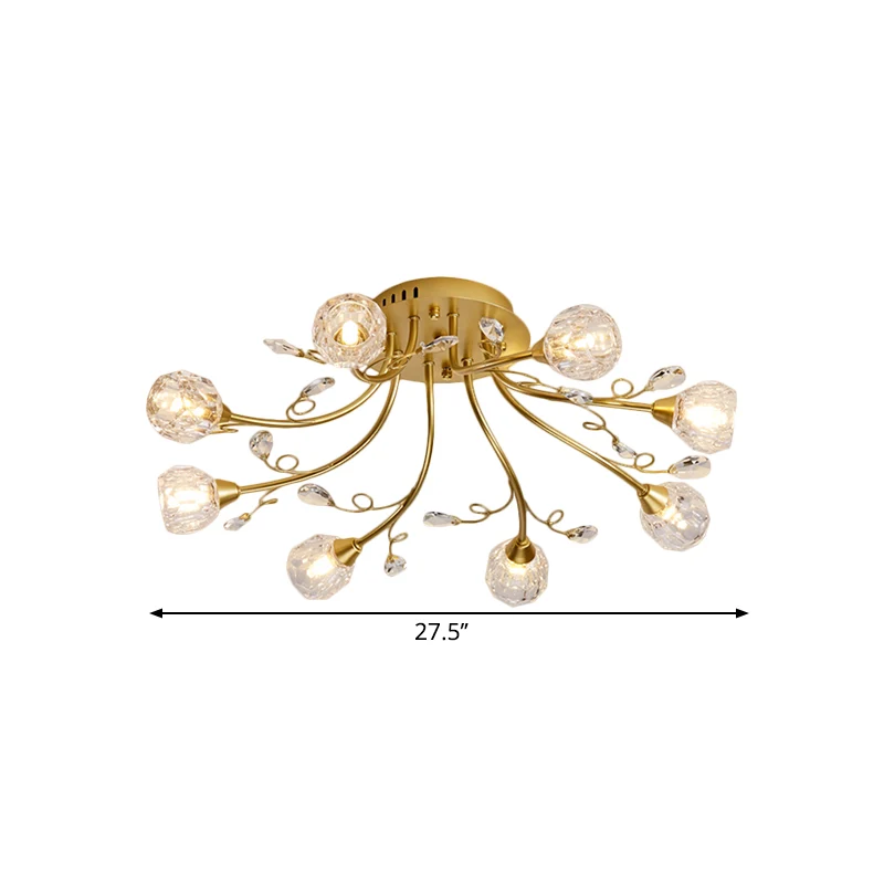 Gouden bolvormige plafondlamp eenvoudige stijl 8 lampen kristallen prisma's semi-gemonteerde verlichting met scrollarm Cle...