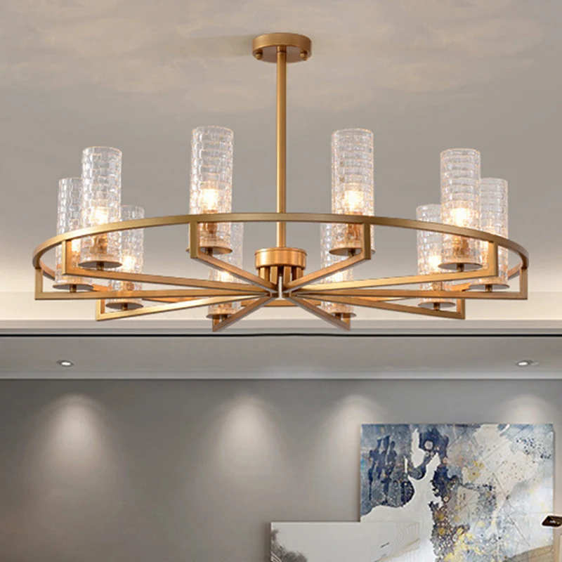 Gouden cilinder kroonluchterlamp traditioneel helder geribbeld glas 6/8/10 lampen woonkamer hanglamp met wielontwerp Clear...