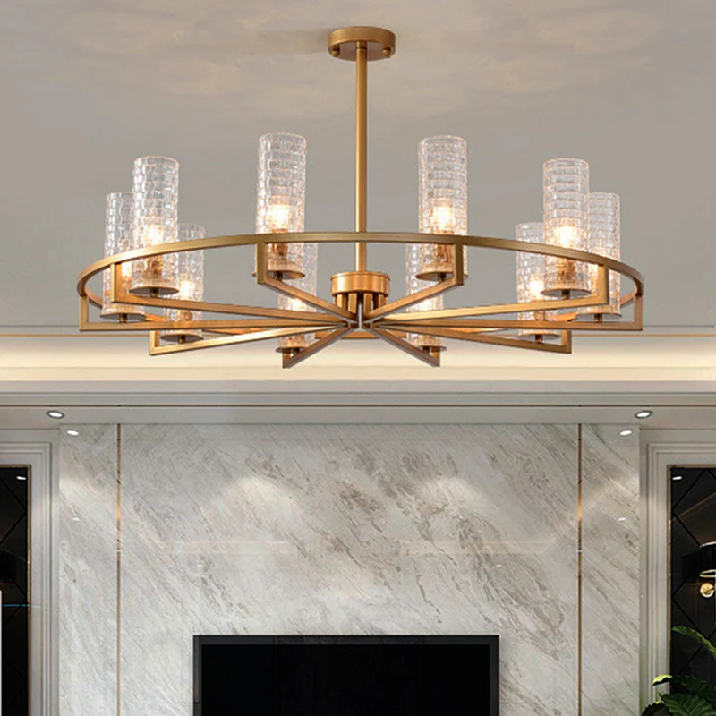 Gouden cilinder kroonluchterlamp traditioneel helder geribbeld glas 6/8/10 lampen woonkamer hanglamp met wielontwerp Clear...