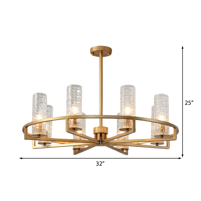 Gouden cilinder kroonluchterlamp traditioneel helder geribbeld glas 6/8/10 lampen woonkamer hanglamp met wielontwerp Clear...