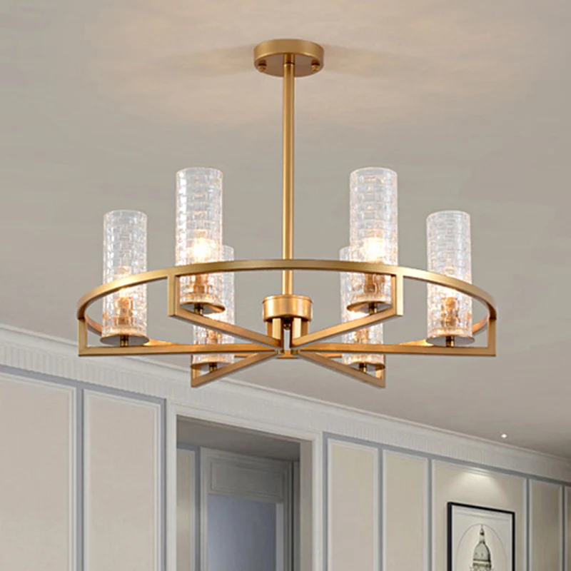 Gouden cilinder kroonluchterlamp traditioneel helder geribbeld glas 6/8/10 lampen woonkamer hanglamp met wielontwerp Clear...