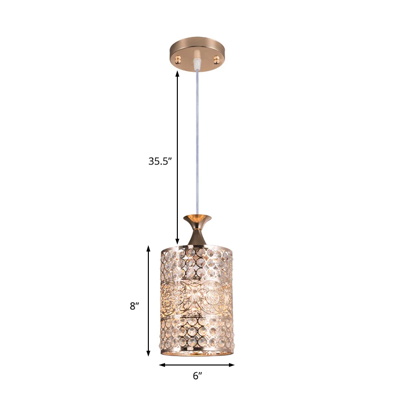 Gouden cilinder plafond hanglamp modernistische stijl metaal 1 kop hangende lamp met kristallen decoratie, 6"/7" breed Cle...