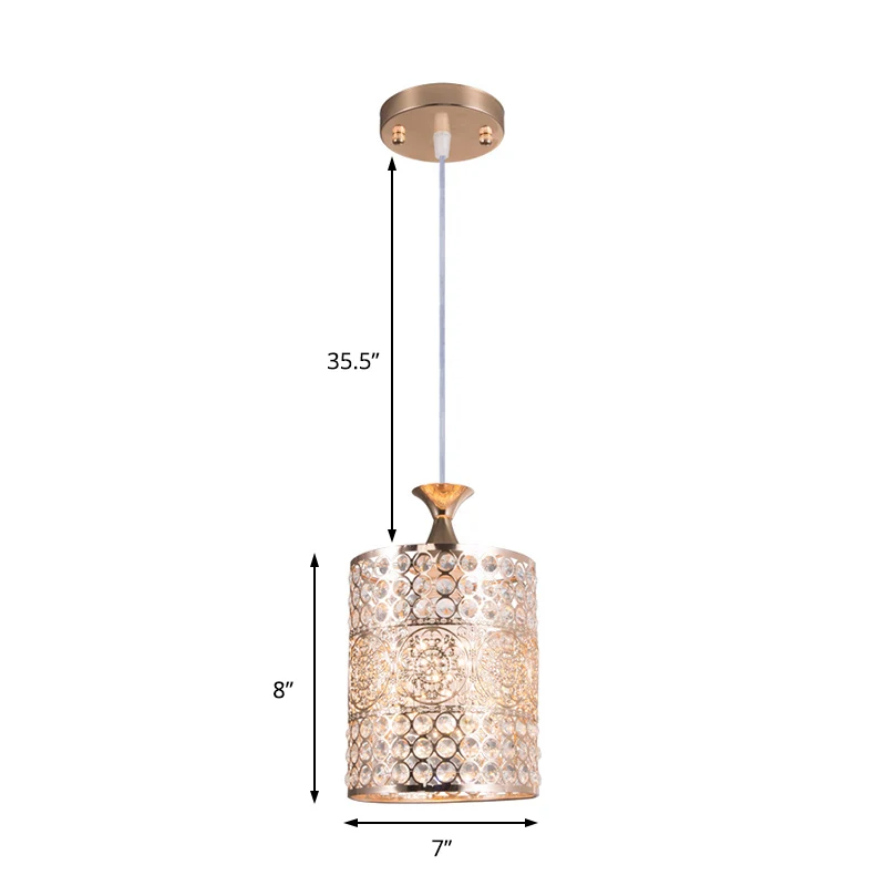 Gouden cilinder plafond hanglamp modernistische stijl metaal 1 kop hangende lamp met kristallen decoratie, 6"/7" breed Cle...