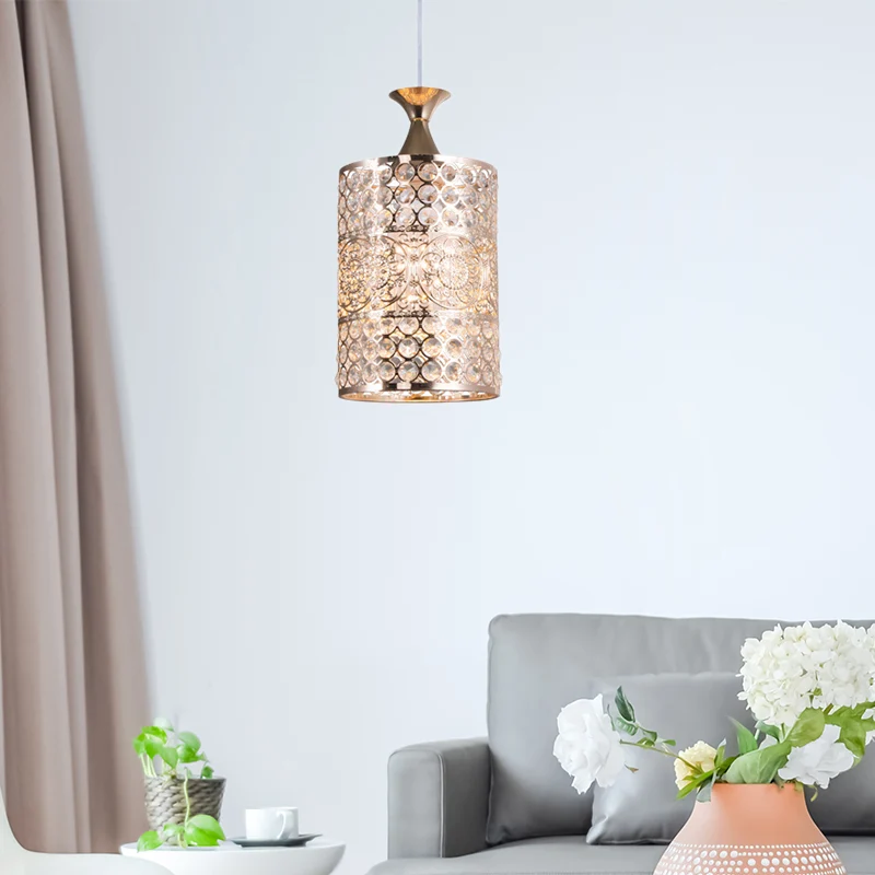 Gouden cilinder plafond hanglamp modernistische stijl metaal 1 kop hangende lamp met kristallen decoratie, 6"/7" breed Cle...