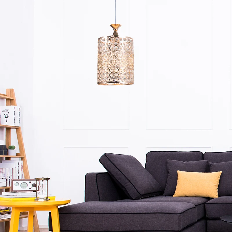 Gouden cilinder plafond hanglamp modernistische stijl metaal 1 kop hangende lamp met kristallen decoratie, 6"/7" breed Cle...