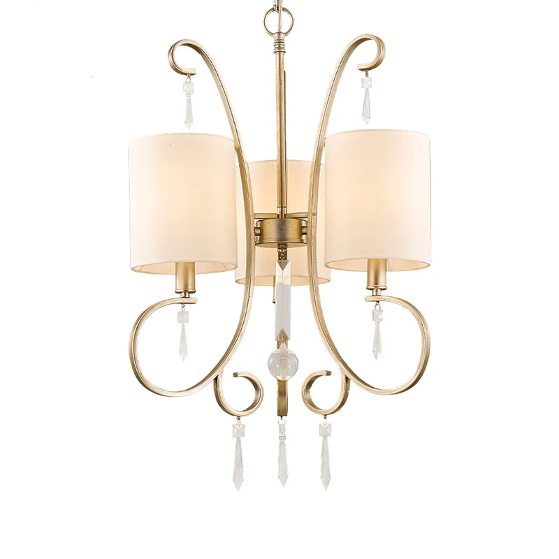 Gouden cilinderkroonluchter, traditionele stof, 3 lampen, metalen slaapkamerhanglamp met kristallen accent Clearhalo