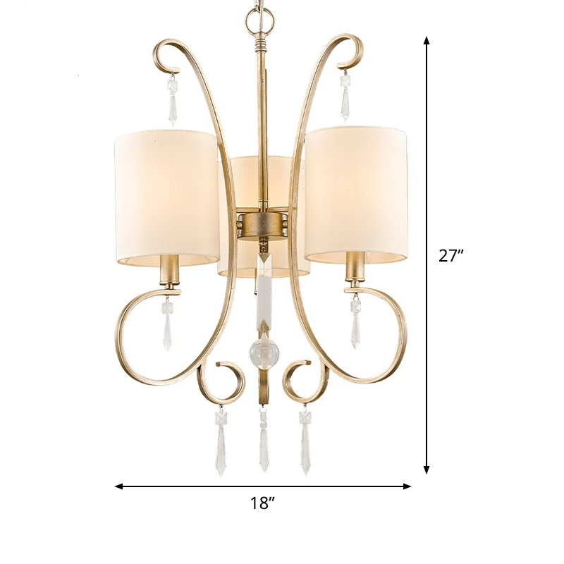 Gouden cilinderkroonluchter, traditionele stof, 3 lampen, metalen slaapkamerhanglamp met kristallen accent Clearhalo