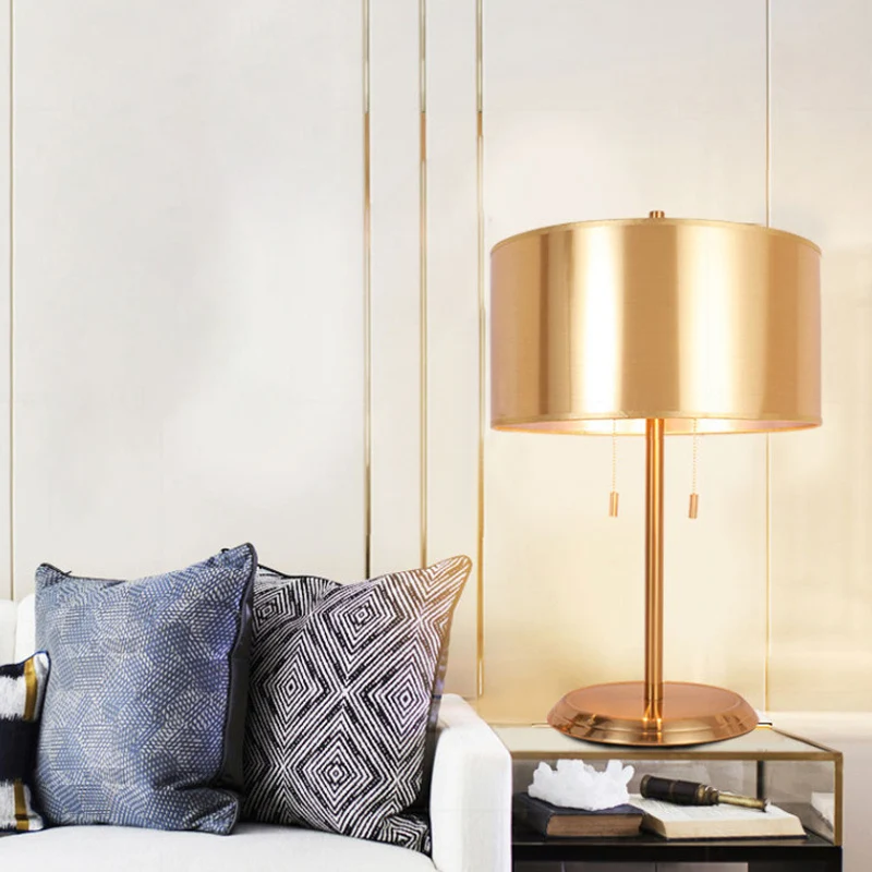 Gouden Drum Bureaulamp Modernisme 1 Kop Stoffen Taakverlichting met Ronde Metalen Voet Clearhalo