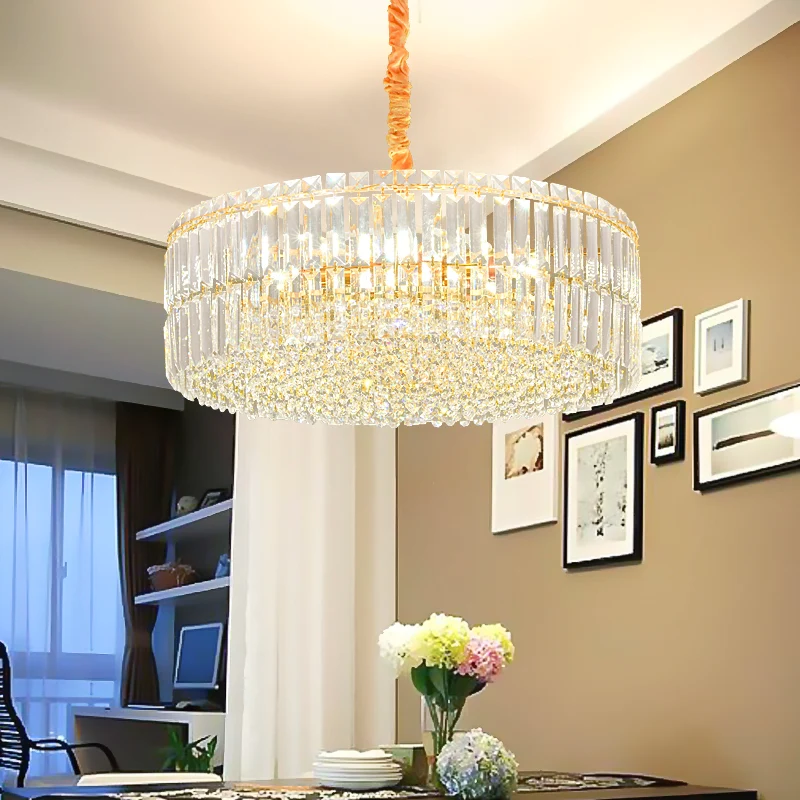 Gouden Drum Kroonluchter Licht Hedendaags 6/8 Lichten Rechthoekig Geslepen Kristallen Hangende Plafondlamp, 19,5"/23,5" Br...