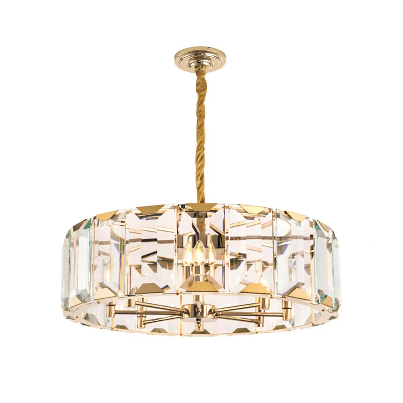 Gouden Drum Plafondlamp Postmodern Gefacetteerd Kristallen Paneel 6 Hoofden Woonkamer Kroonluchter Verlichting Clearhalo