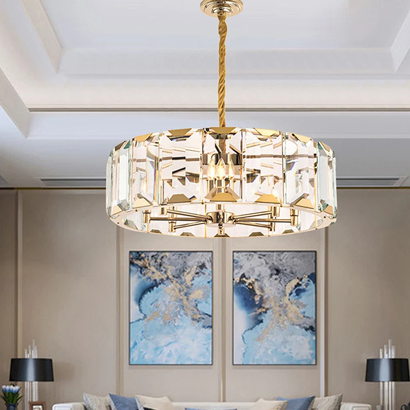 Gouden Drum Plafondlamp Postmodern Gefacetteerd Kristallen Paneel 6 Hoofden Woonkamer Kroonluchter Verlichting Clearhalo