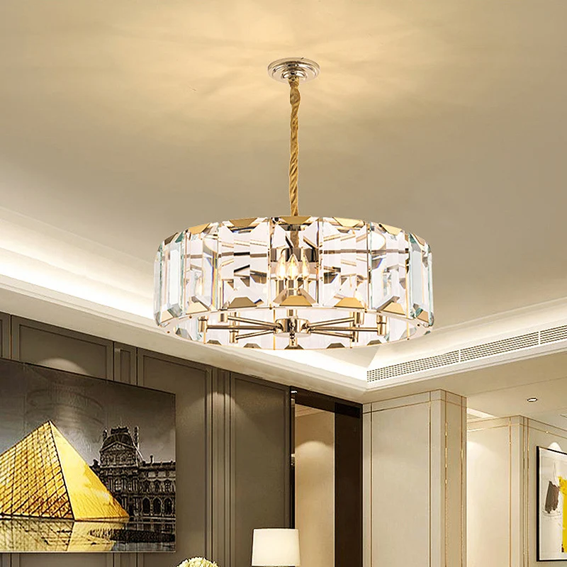 Gouden Drum Plafondlamp Postmodern Gefacetteerd Kristallen Paneel 6 Hoofden Woonkamer Kroonluchter Verlichting Clearhalo