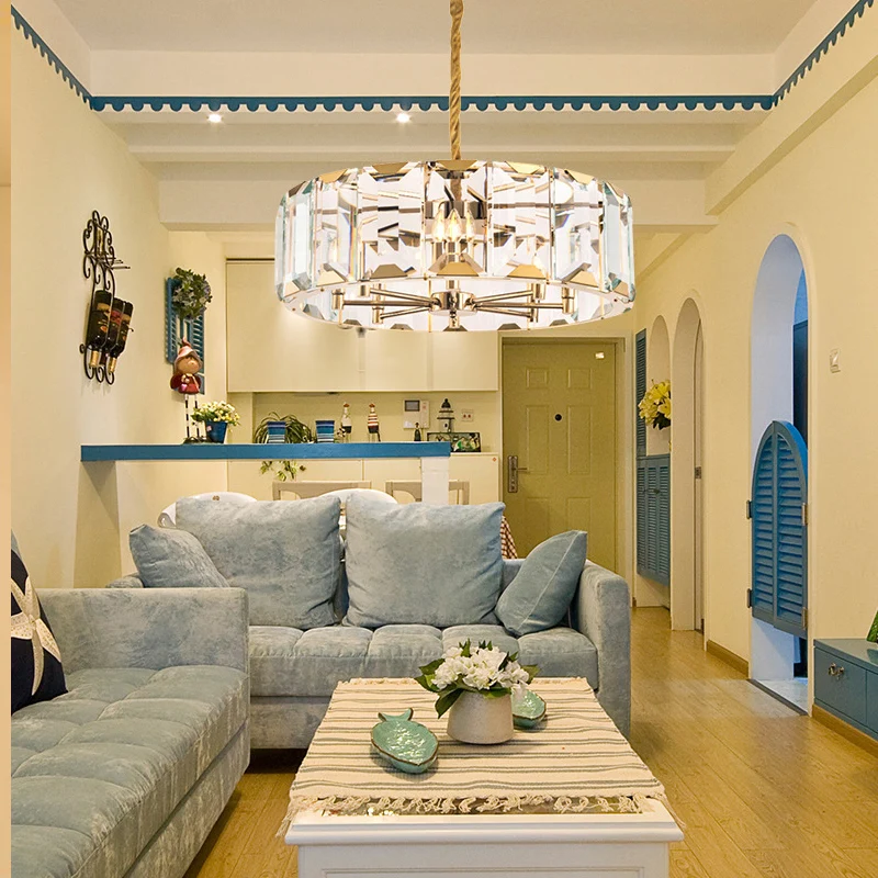 Gouden Drum Plafondlamp Postmodern Gefacetteerd Kristallen Paneel 6 Hoofden Woonkamer Kroonluchter Verlichting Clearhalo