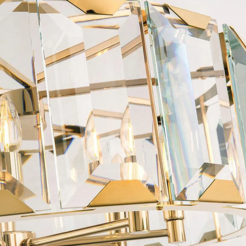Gouden Drum Plafondlamp Postmodern Gefacetteerd Kristallen Paneel 6 Hoofden Woonkamer Kroonluchter Verlichting Clearhalo