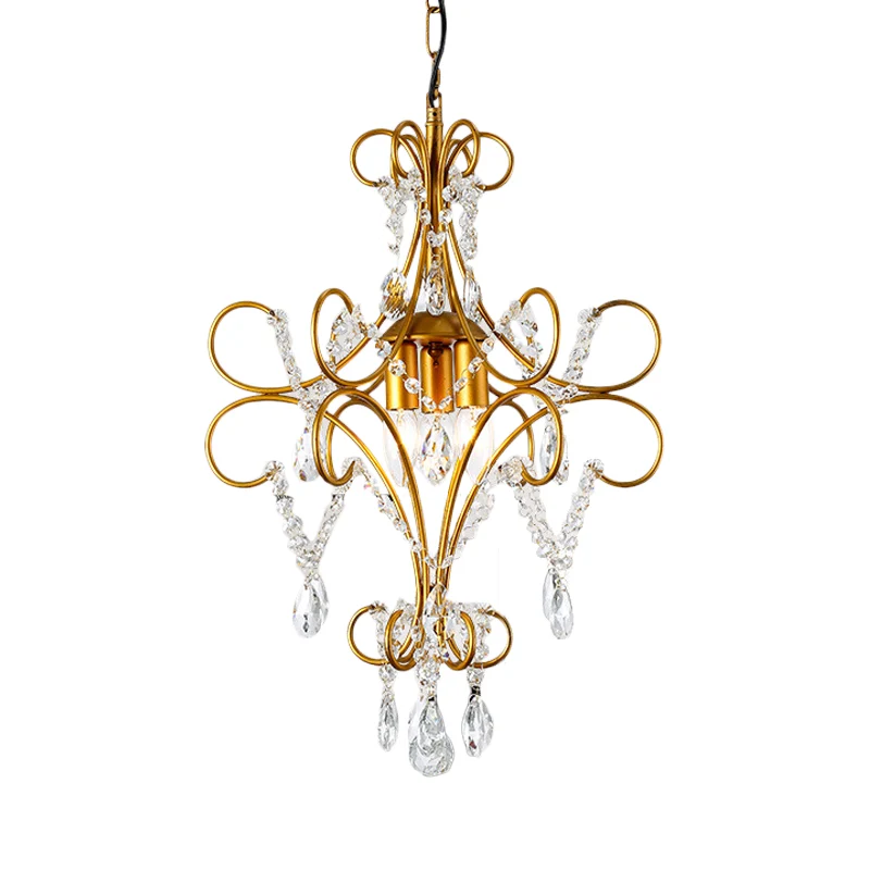 Gouden gebogen armframe kroonluchterlicht Modern 3-lichts ijzeren hangende plafondlamp met glazen streng Clearhalo