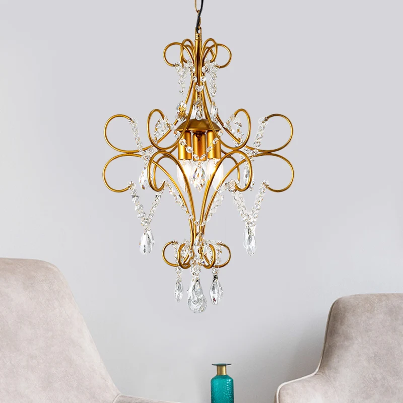 Gouden gebogen armframe kroonluchterlicht Modern 3-lichts ijzeren hangende plafondlamp met glazen streng Clearhalo