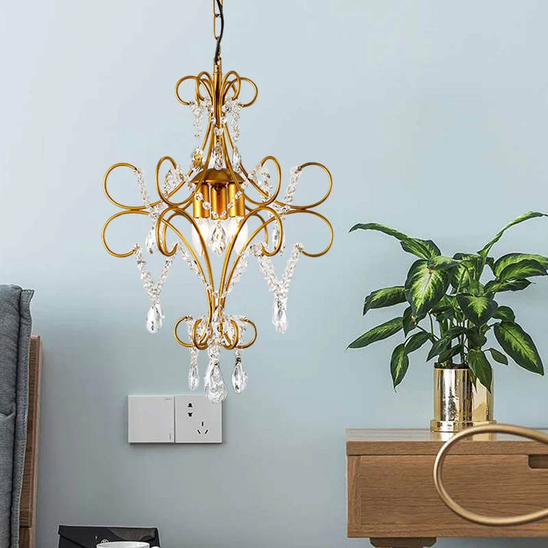 Gouden gebogen armframe kroonluchterlicht Modern 3-lichts ijzeren hangende plafondlamp met glazen streng Clearhalo