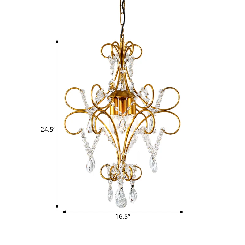Gouden gebogen armframe kroonluchterlicht Modern 3-lichts ijzeren hangende plafondlamp met glazen streng Clearhalo