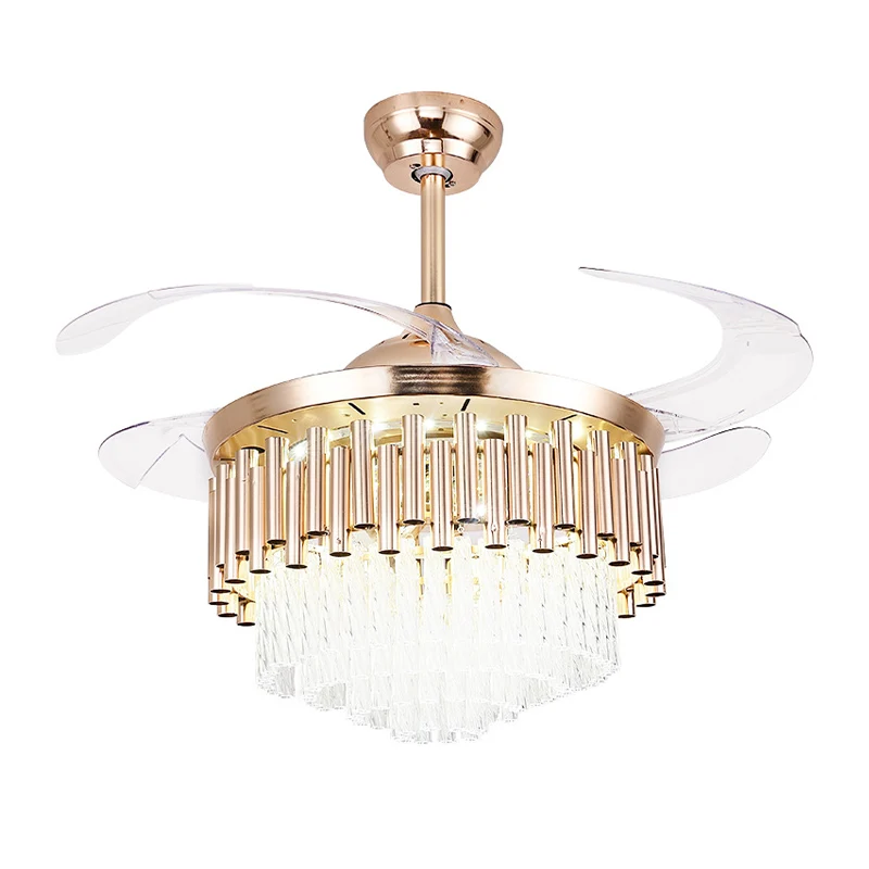 Gouden gelaagde plafondventilator, moderne kristallen LED-semi-gemonteerde verlichting met afstandsbediening/muurbediening...