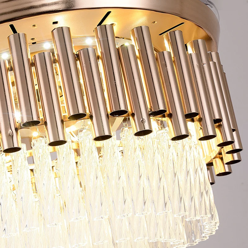 Gouden gelaagde plafondventilator, moderne kristallen LED-semi-gemonteerde verlichting met afstandsbediening/muurbediening...
