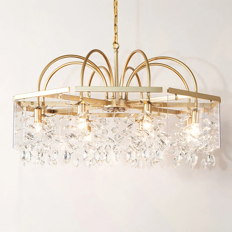 Gouden geometrisch gevormde kroonluchter antieke metalen eetkamer hangende verlichting met kristallen druppels Clearhalo